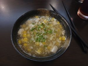 Sweetcorn and tofu soup at Suissi Vegan Kitchen  in Glasgow