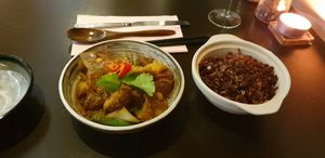 Rendang with lion mane mushroom plus brown rice at Suissi Vegan Kitchen  in Glasgow
