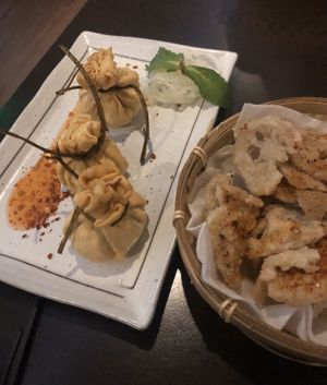 Special fortune dumplings & lotus crisps!  at Suissi Vegan Kitchen  in Glasgow