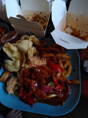 Sweet & Sour Trumpet mushrooms, salt chilli chips, fried rice, vegan crackers and spring roll at Suissi Vegan Kitchen  in Glasgow