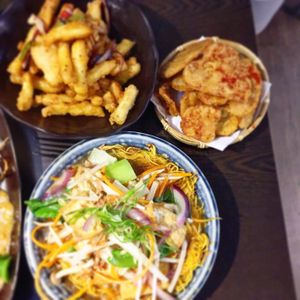 Catonese crispy noodles, salt chilli chips and tempeh crisps at Suissi Vegan Kitchen  in Glasgow