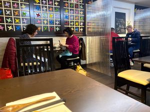 [Sitting at my table just snapping away with the mobile phone, putting together who I was eating with.] at Suissi Vegan Kitchen  in Glasgow