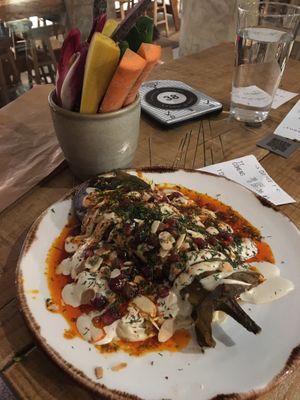 Grilled aubergine with hummus at Honest Greens - Serrano in Madrid