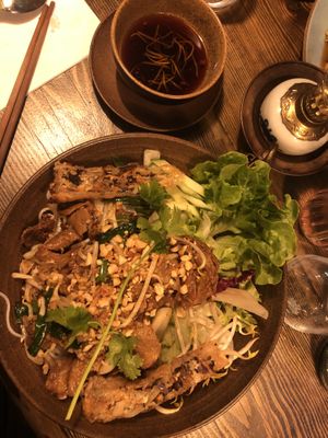 vegan duck, home made soy sauce with salad and noodles, topped with peanuts at SEN - taste of Asia in Loerrach