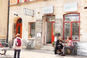 Café front with cute outside seating 💖 at Shine Cafe in Stockholm