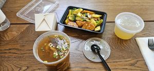 Terriyaki y sour soup y ginger tea at Chun Vegetarian in Brooklyn