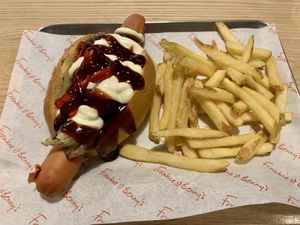 Vegan hot dog with fries  at Frankie & Benny's in Aberdeen