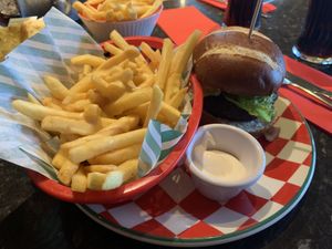 beet burger and vegan cheese fries  at Frankie & Benny's in Dumbarton