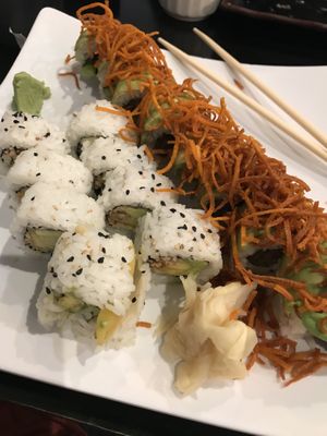 💛Aloha: Mango, macadamia, avocado; 💚Shiitake Crunch:
Shiitake mushroom, cucumber, basil topped w/ avocado and shoestring yams  at Akira Sushi in Santa Cruz