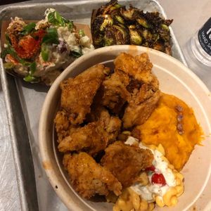 DFC bowl with brussel sprouts and potato salad at Dharma Southern Kitchen in Tampa