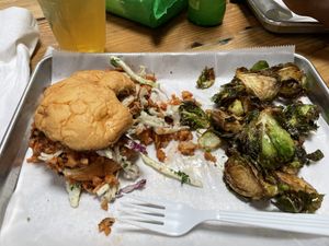Orange chiken sandwich and crispy brussels  at Dharma Southern Kitchen in Tampa