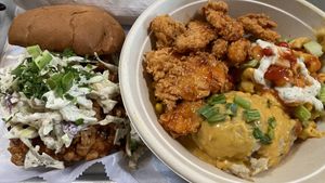 Orange Bird sandwich and DFC Buffalo bowl  at Dharma Southern Kitchen in Tampa