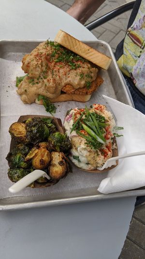 Special of the day peppercorn fried chick'n, potato salad, Brussels at Dharma Southern Kitchen in Tampa