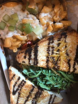 Jackfruit SAMMIE with buffalo Mac and cheese at Dharma Southern Kitchen in Tampa