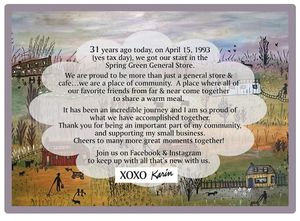 Cheers to 31 years!
xoxo
Karin at Spring Green General Store in Spring Green