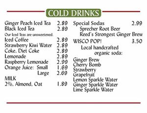 Page 1 of Drinks Menu at Spring Green General Store in Spring Green