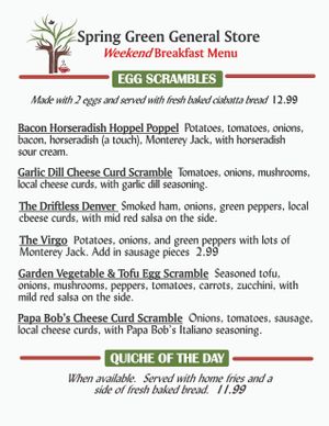 Page 1 of Weekend Breakfast menu at Spring Green General Store in Spring Green