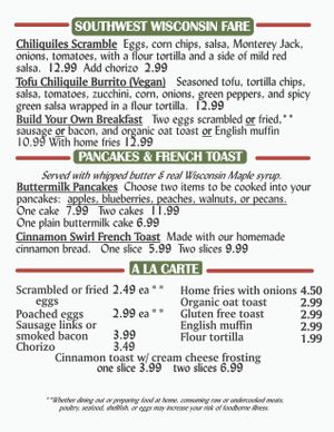 Page 2 of Weekend Breakfast Menu at Spring Green General Store in Spring Green