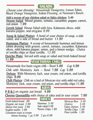 Page 2 of Lunch Menu served Tues- Sun. at Spring Green General Store in Spring Green