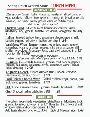 Page 1 of Lunch Menu served Tues- Sun. at Spring Green General Store in Spring Green