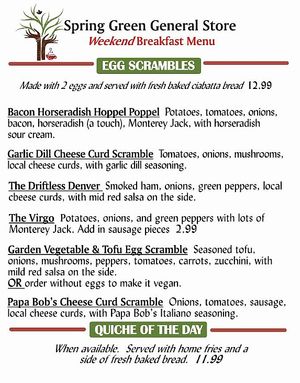 new vegan garden tofu scramble option available on weekends 8 am until noon at Spring Green General Store in Spring Green