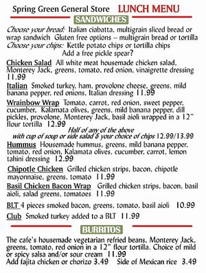 ask for our vegan hummus sandwich or platter at Spring Green General Store in Spring Green