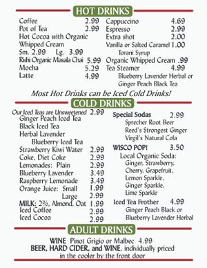 Drink Menu at Spring Green General Store in Spring Green