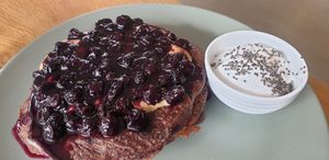 Protein pancakes with added coconut yoghurt at The Re-Up in Moonee Ponds