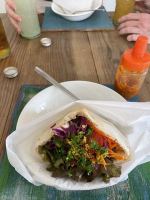 Falafel pita with homemade hot sauce (really good!)  at Parlor Neppu Asia in Naha