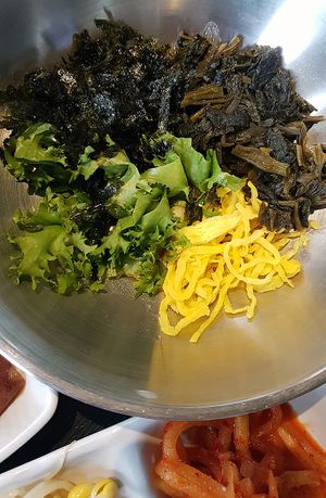 [Soy] Sauce Thistle Rice (간장곤드레밥) served with shredded omelette (vegetarian) at Naerincheon Rest Area 내린천 휴게소 in Inje