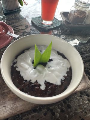 Balinese black rice pudding with coconut cream for breakfast   at Seeds Restaurant in Abang