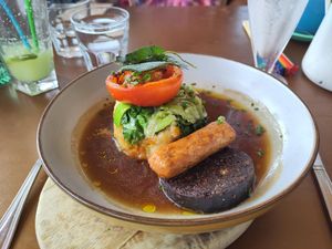 Vegan bubble & squeak with additional sausage & black pudding at Rooted in Bath