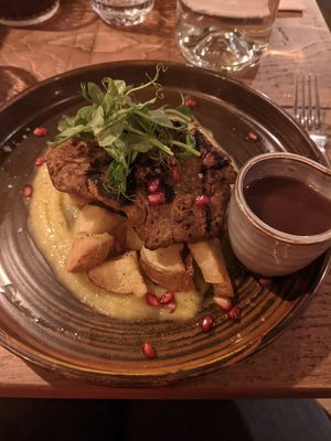 Vegan seitan steak on pumpkin puree at Marley's in Folkestone
