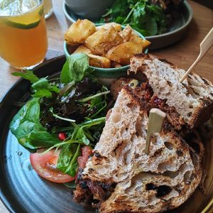 Seitan steak sandwich (usually in brioche style bread but they'd sold out) at Marley's in Folkestone