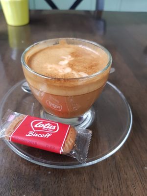 My perfect vegan coffee complete with little cookie. at Kaffeehaus Amadeus in Lanchester