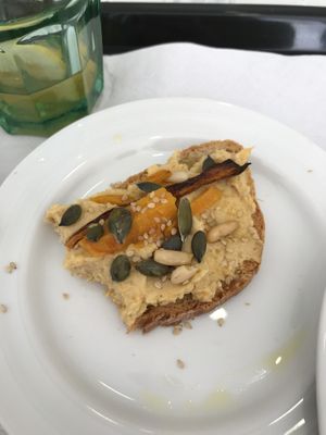 Part of today’s pumpkin hummus toast with seeds at A Praça in Sintra