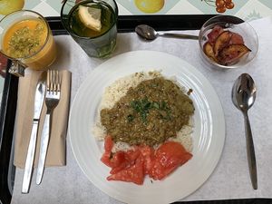 Carrot soup, curried lentils, and peaches!  at A Praça in Sintra