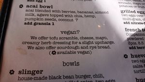 Vegan note on menu at The Wolf Cafe in Ballwin