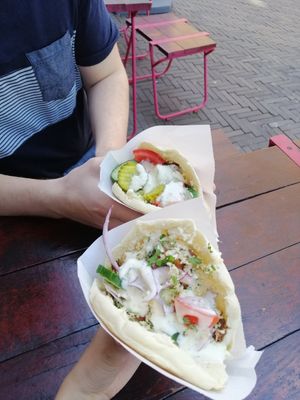Mushroom shoarma and falafel pita at Maoz in The Hague