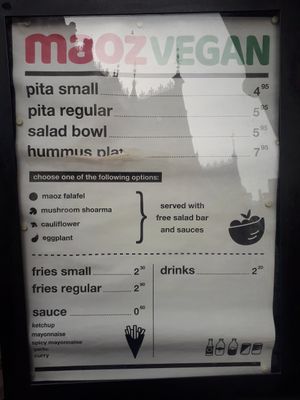 Menu at Maoz in The Hague