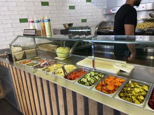 Veggies and sauces to add to your pita etc  at Maoz in The Hague