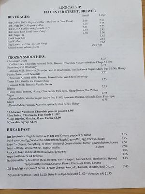 Menu - Page 1 at Logical Sip Cafe and Coffee in Brewer