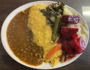 Lentils, split yellow peas, basmati rice, cabbage , green beans and carrots, collard greens, beets  👍  at Natural Oasis Cafe in Rochester
