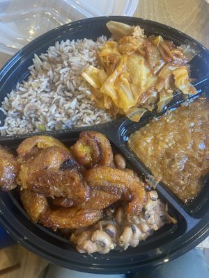 Lentil rice, cabbage, eggplant, black eyed peas and plantain    at Mary's African Cuisine in Halifax