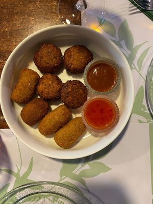 Vegan croquetas and falafel. Sauces were delicious at A Porta Verde in Santiago De Compostela