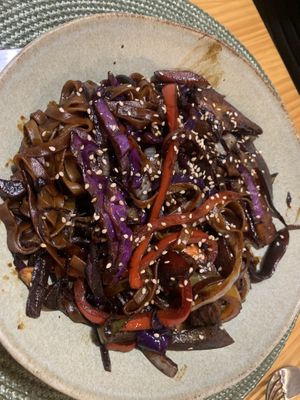 Udon stir fry with seitan   at A Porta Verde in Santiago De Compostela