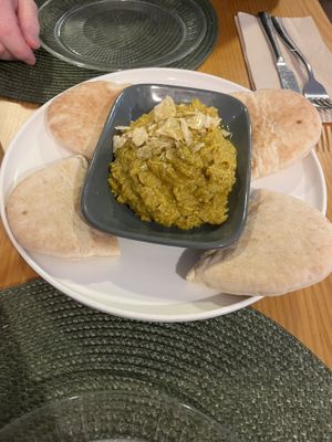 Sweet corn humus (curry spice)  at A Porta Verde in Santiago De Compostela