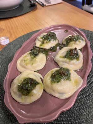 Vegan ravioli pasta with pesto. YUMMY!!!  at A Porta Verde in Santiago De Compostela