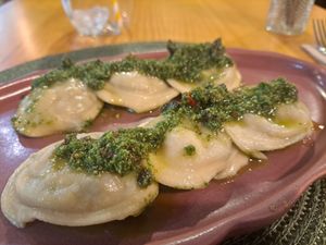 Sorrentinos stuffed with pumpkin and seaweed with pesto at A Porta Verde in Santiago De Compostela