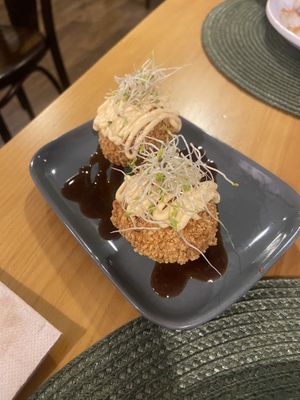 Potato croquettes with kimchi and vegan cheesee  at A Porta Verde in Santiago De Compostela